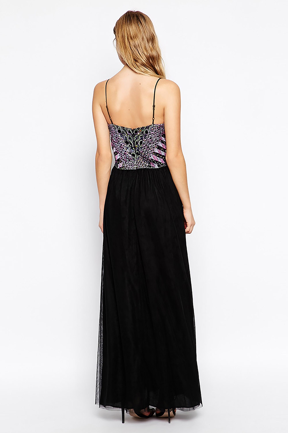 VESTIDO LARGO NEGRO ALTO ASTRAL TOP BORDADO EN PEDRERIA FALDA TUL MATRIMONIO FIESTA - 3