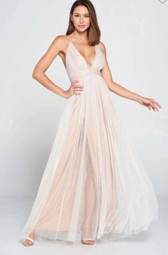 VESTIDO LARGO BLANCO ALTO ASTRAL TULLE BEIGE CLARO NOVIA FIESTA - 1