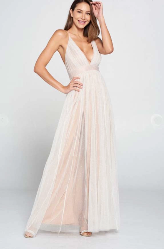 VESTIDO LARGO BLANCO ALTO ASTRAL TULLE BEIGE CLARO NOVIA FIESTA - 2