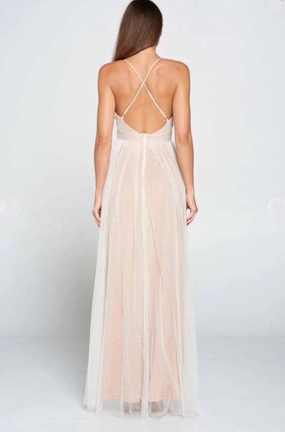 VESTIDO LARGO BLANCO ALTO ASTRAL TULLE BEIGE CLARO NOVIA FIESTA - 4