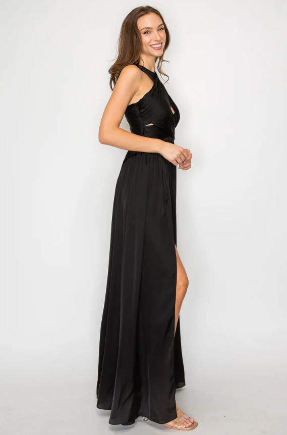 VESTIDO LARGO NEGRO ALTO ASTRAL EN CREPE SATIN DRAPEADO FIESTA INVITADA GRADUACION - 3