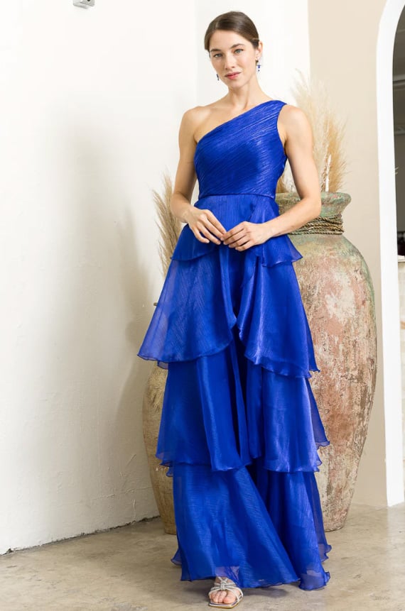 VESTIDO LARGO AZUL VUELOS ORGANZA UN HOMBRO - 2