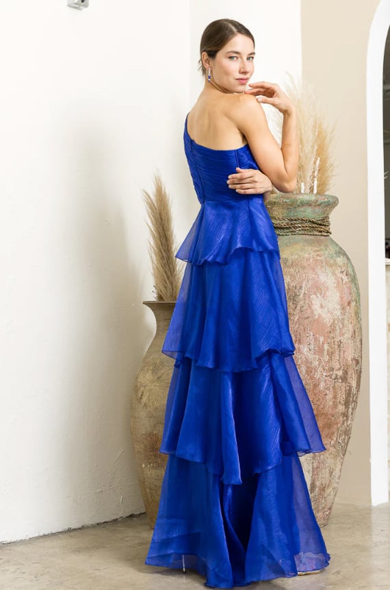VESTIDO LARGO AZUL VUELOS ORGANZA UN HOMBRO - 3