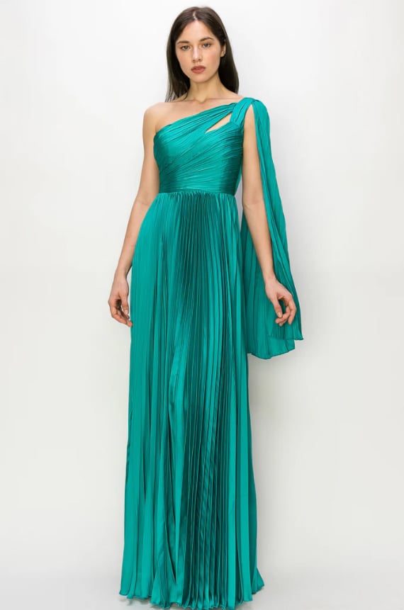 VESTIDO LARGO FIESTA MUJER ALTO ASTRAL VERDE ASIMETRICO PLISADO FIESTA MATRIMONIO - 1