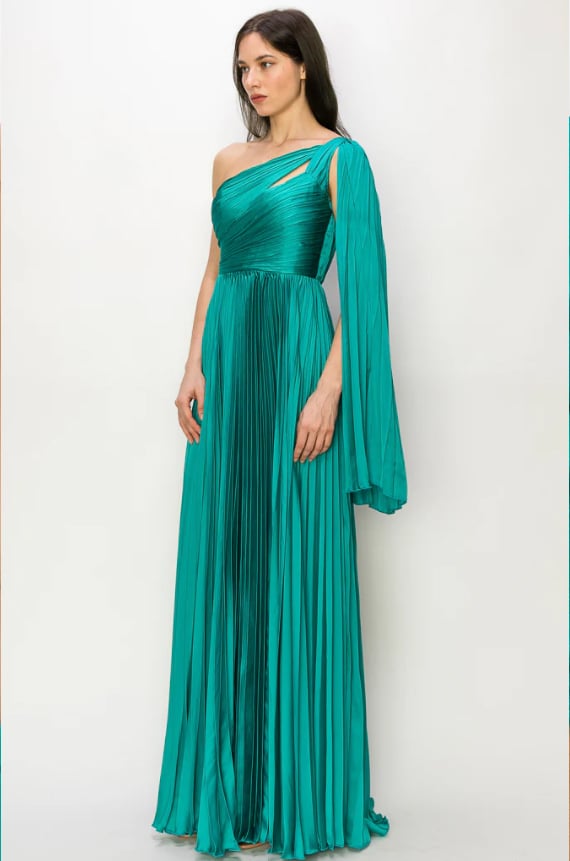 VESTIDO LARGO FIESTA MUJER ALTO ASTRAL VERDE ASIMETRICO PLISADO FIESTA MATRIMONIO - 2