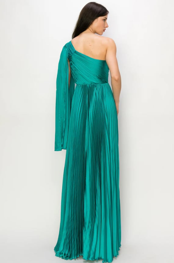 VESTIDO LARGO FIESTA MUJER ALTO ASTRAL VERDE ASIMETRICO PLISADO FIESTA MATRIMONIO - 3