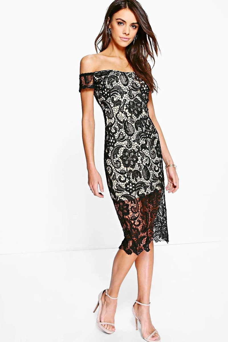 VESTIDO MIDI NUDE CON ENCAJE NEGRO HOMBROS CAIDOS  ALTURA A RODILLAS TALLA  SM - 1