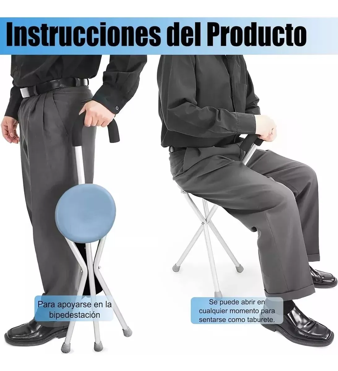 BASTÓN CON ASIENTO PLEGABLE ORTOPEDICO AJUSTABLE COLOR GRIS - 2
