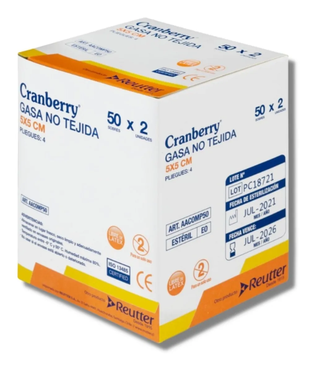 GASA ESTÉRIL 5X5- CAJA 50 SOBRES X 2 CRANBERRY - 1