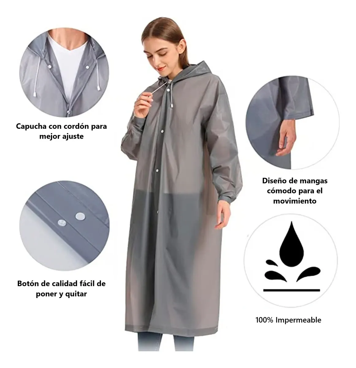CAPA PONCHO IMPERMEABLE LLUVIA VIENTO UNISEX ADULTO GRIS - 5