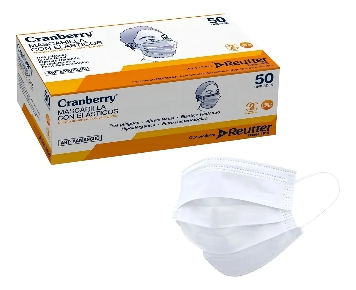 MASCARILLA 3 PLIEGUES CON ELÁSTICOS CRANBERRY CAJA 50 UN COLOR BLANCO - 2