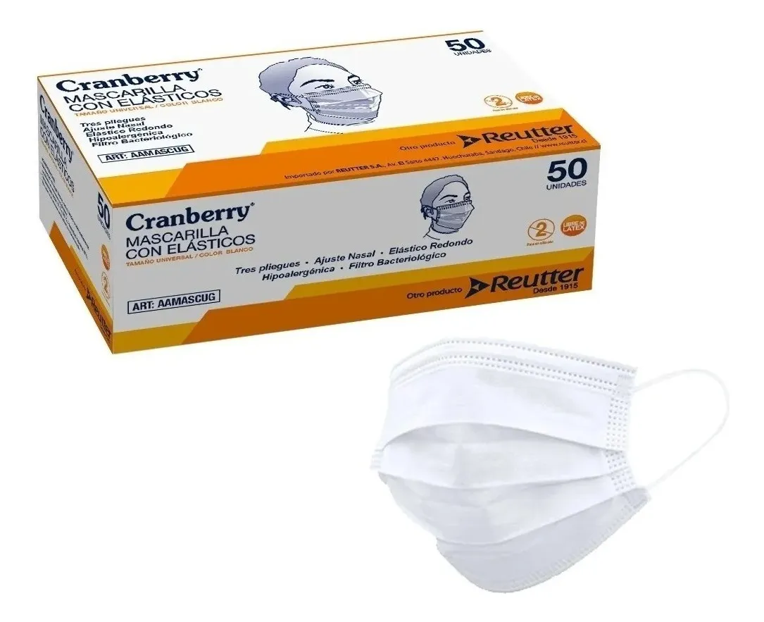 MASCARILLA 3 PLIEGUES CON ELÁSTICOS CRANBERRY CAJA 50UNI BLA - 1