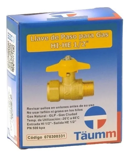 LLAVE PASO PARA GAS HI-HE 1/2 - CERTIFICADA - TAUMM - 2