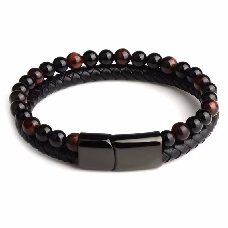 PULSERA DE CUERO TRENZADO CON PIEDRA NATURAL OJO DE TIGRE - 1