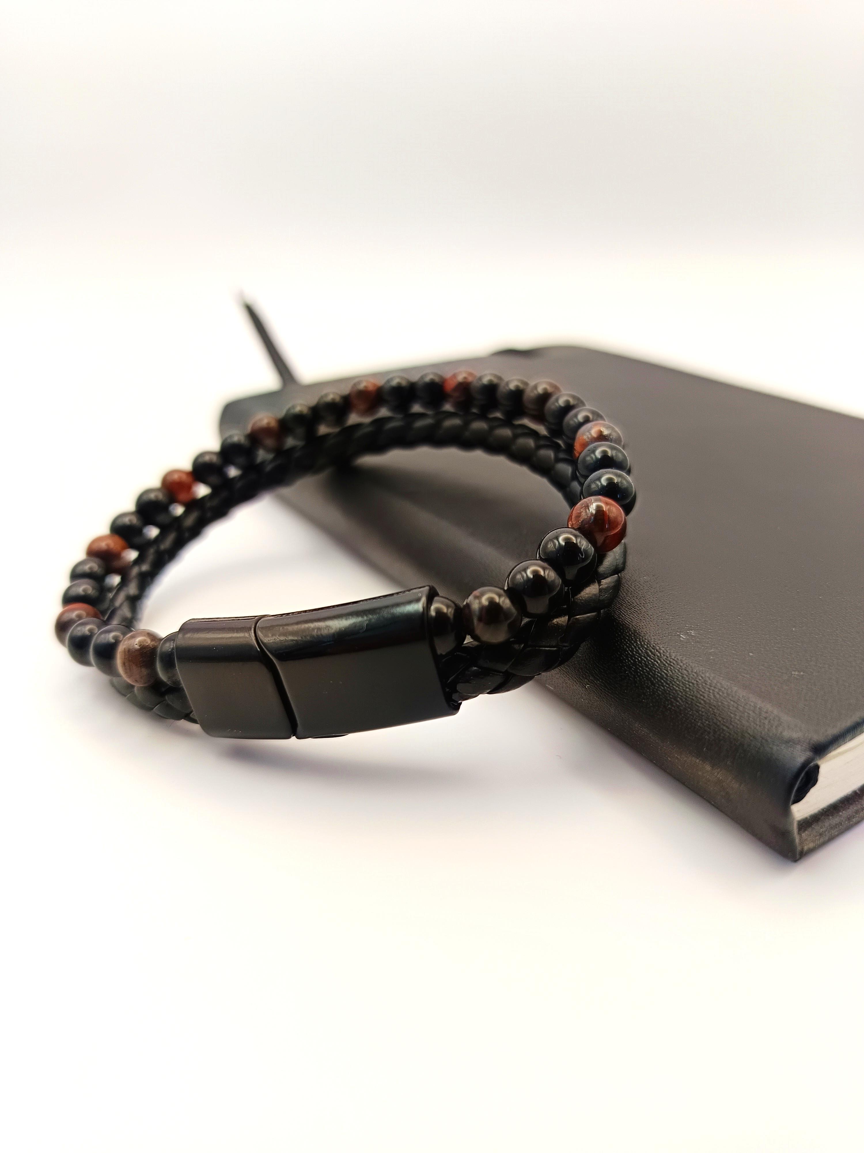 PULSERA DE CUERO TRENZADO CON PIEDRA NATURAL OJO DE TIGRE - 2