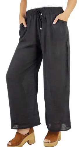 PANTALON LINO MUJER. PALAZZO ALGODÓN CINTURA ELASTICADA. 462 - 2