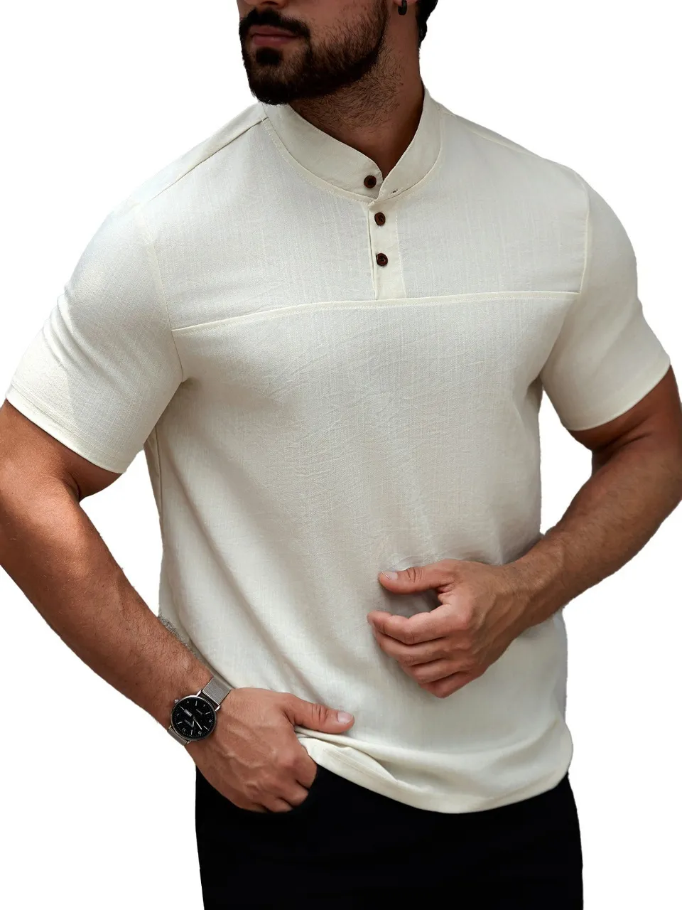CAMISA HOMBRE CUELLO MAO SIMIL LINO ELEGANTE Y LIGERA 0274 - 1