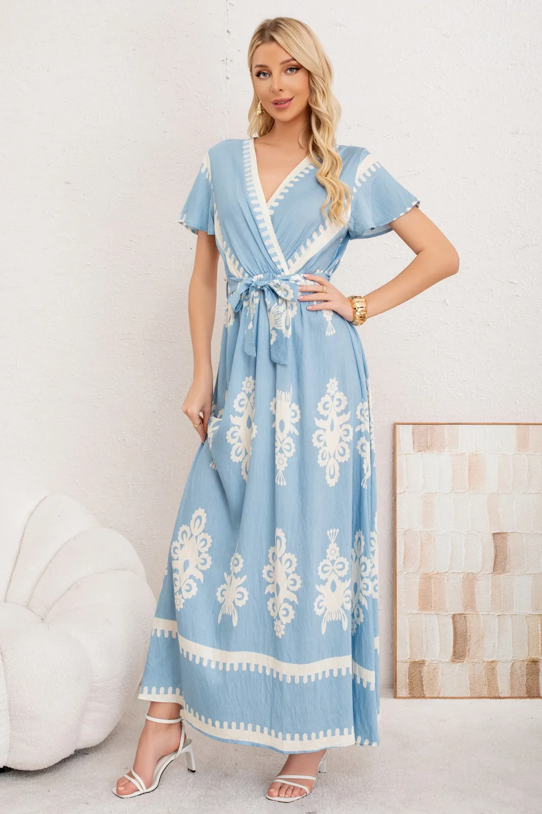 MAXI VESTIDO LARGO PRIMAVERA MUJER. ABERTURA, CUELLO V CREPE 3383 - 1