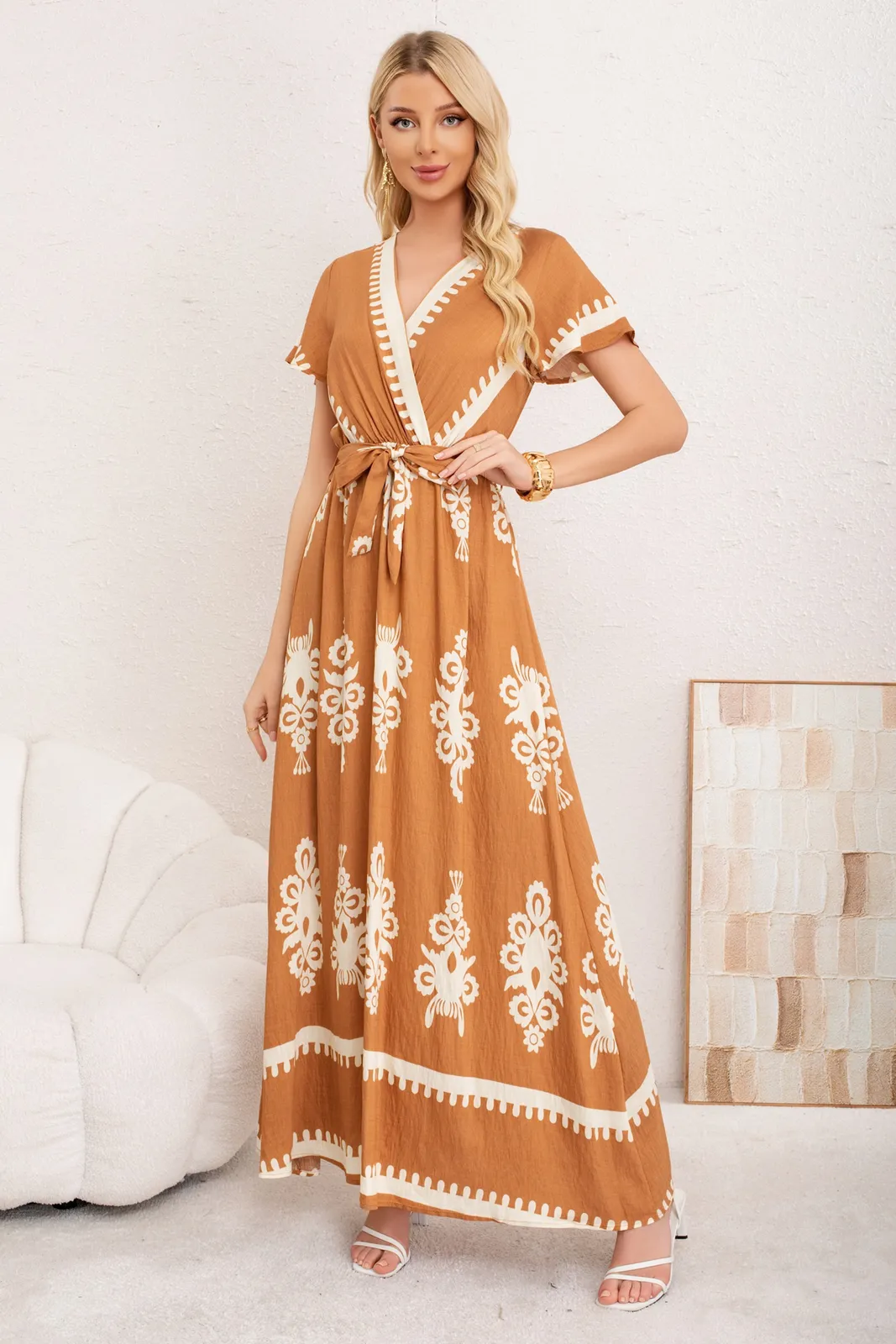 MAXI VESTIDO LARGO PRIMAVERA MUJER. ABERTURA, CUELLO V CREPE 3383 - 1