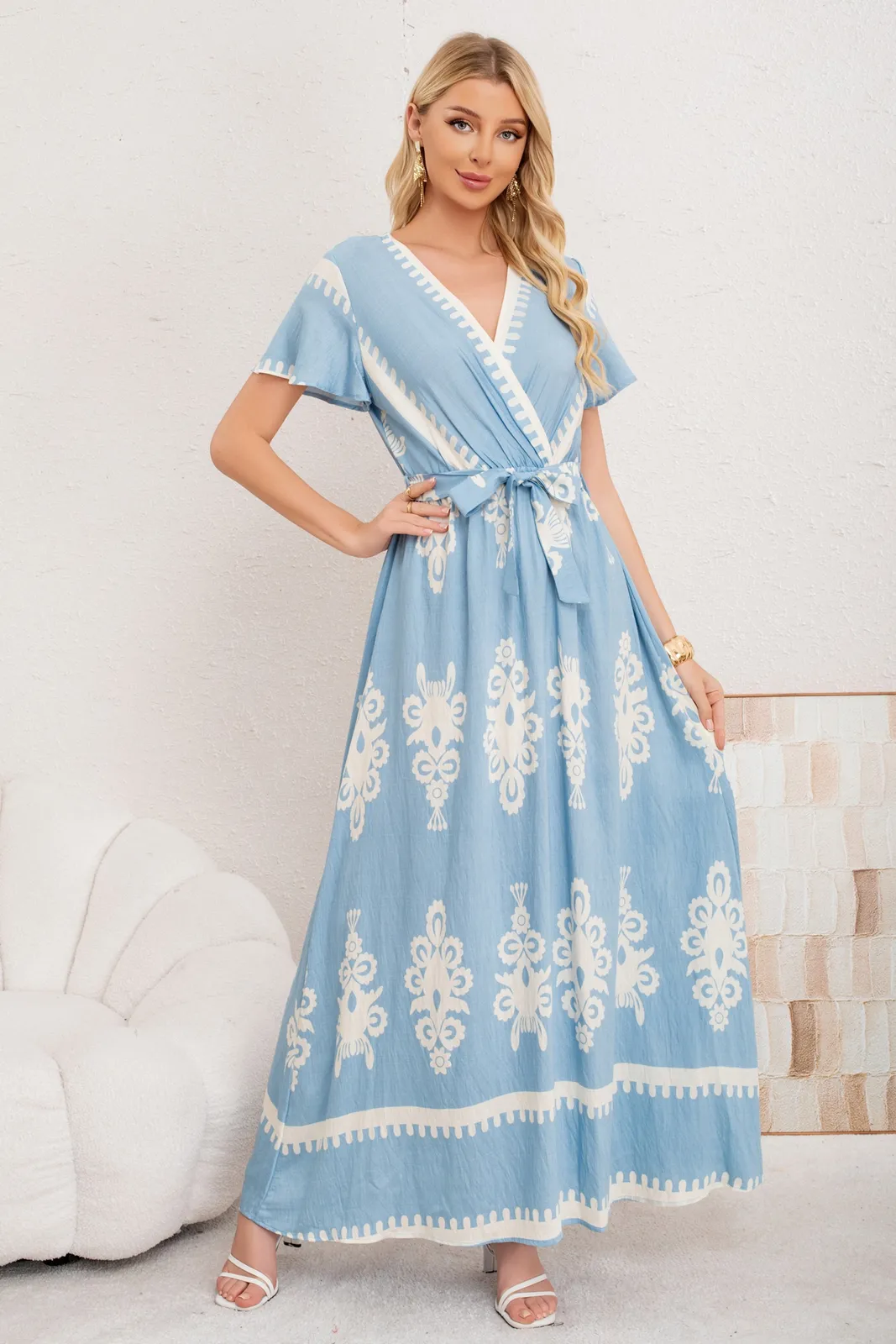 MAXI VESTIDO LARGO PRIMAVERA MUJER. ABERTURA, CUELLO V CREPE 3383 - 2