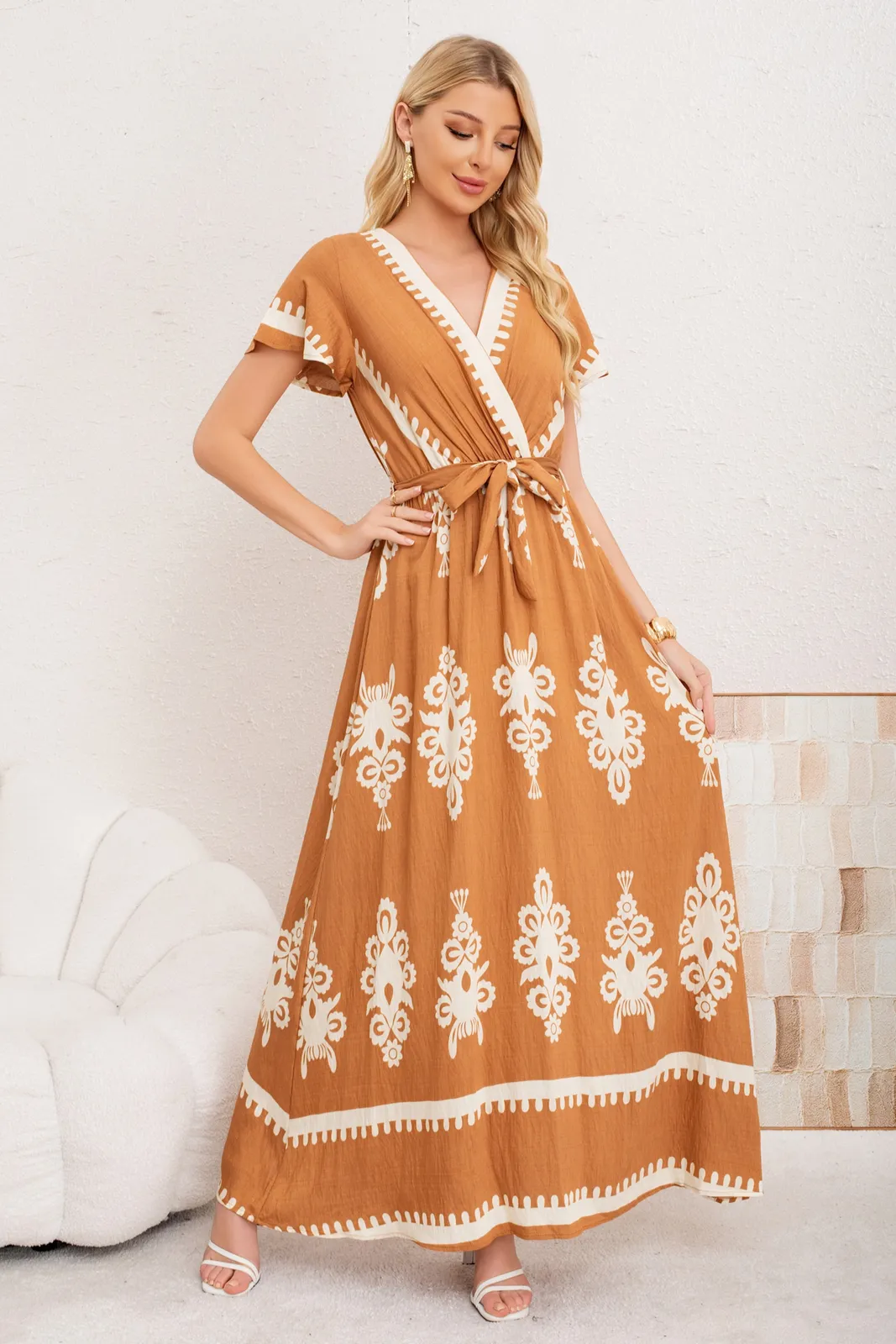 MAXI VESTIDO LARGO PRIMAVERA MUJER. ABERTURA, CUELLO V CREPE 3383 - 2