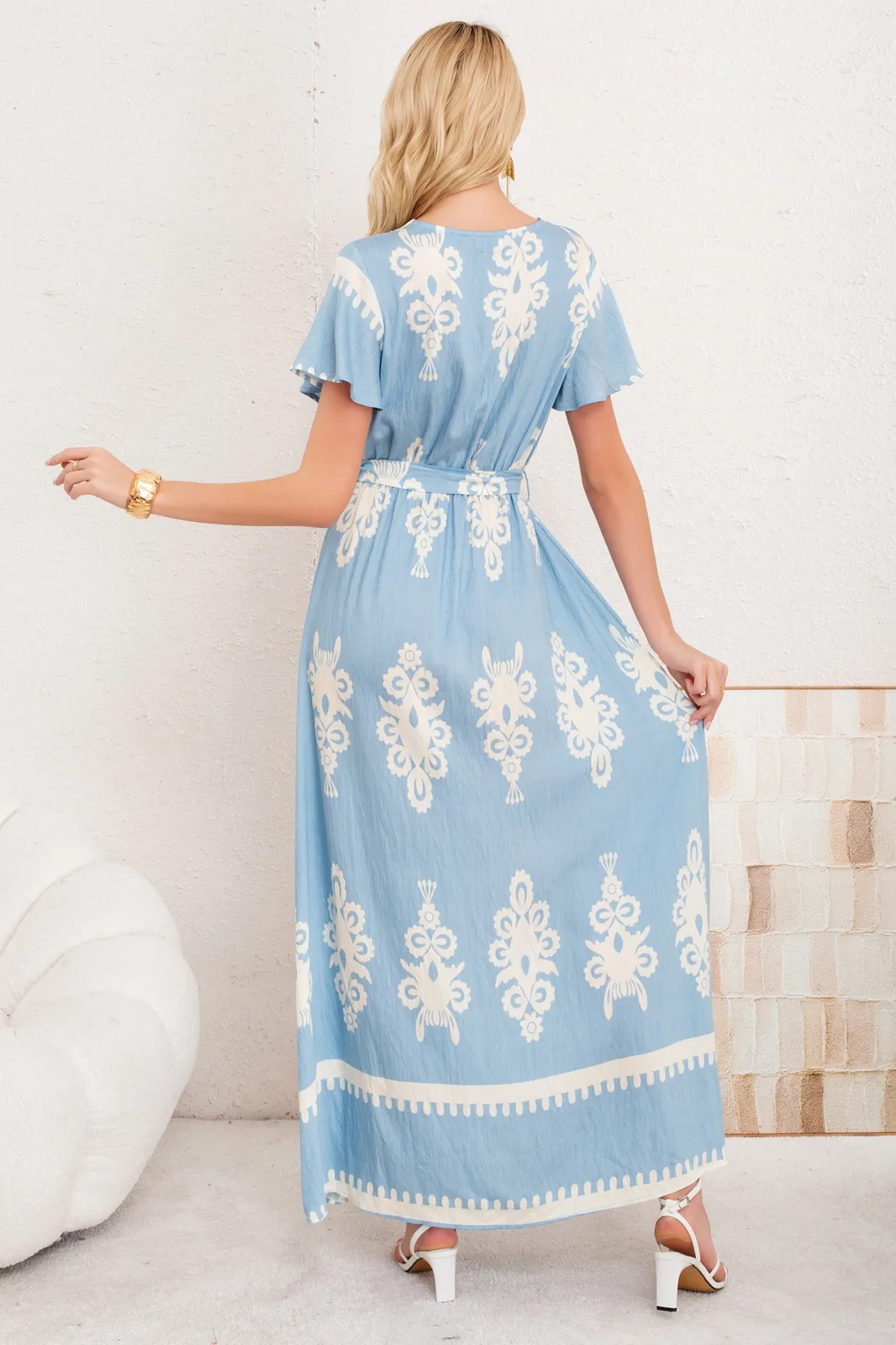 MAXI VESTIDO LARGO PRIMAVERA MUJER. ABERTURA, CUELLO V CREPE 3383 - 3