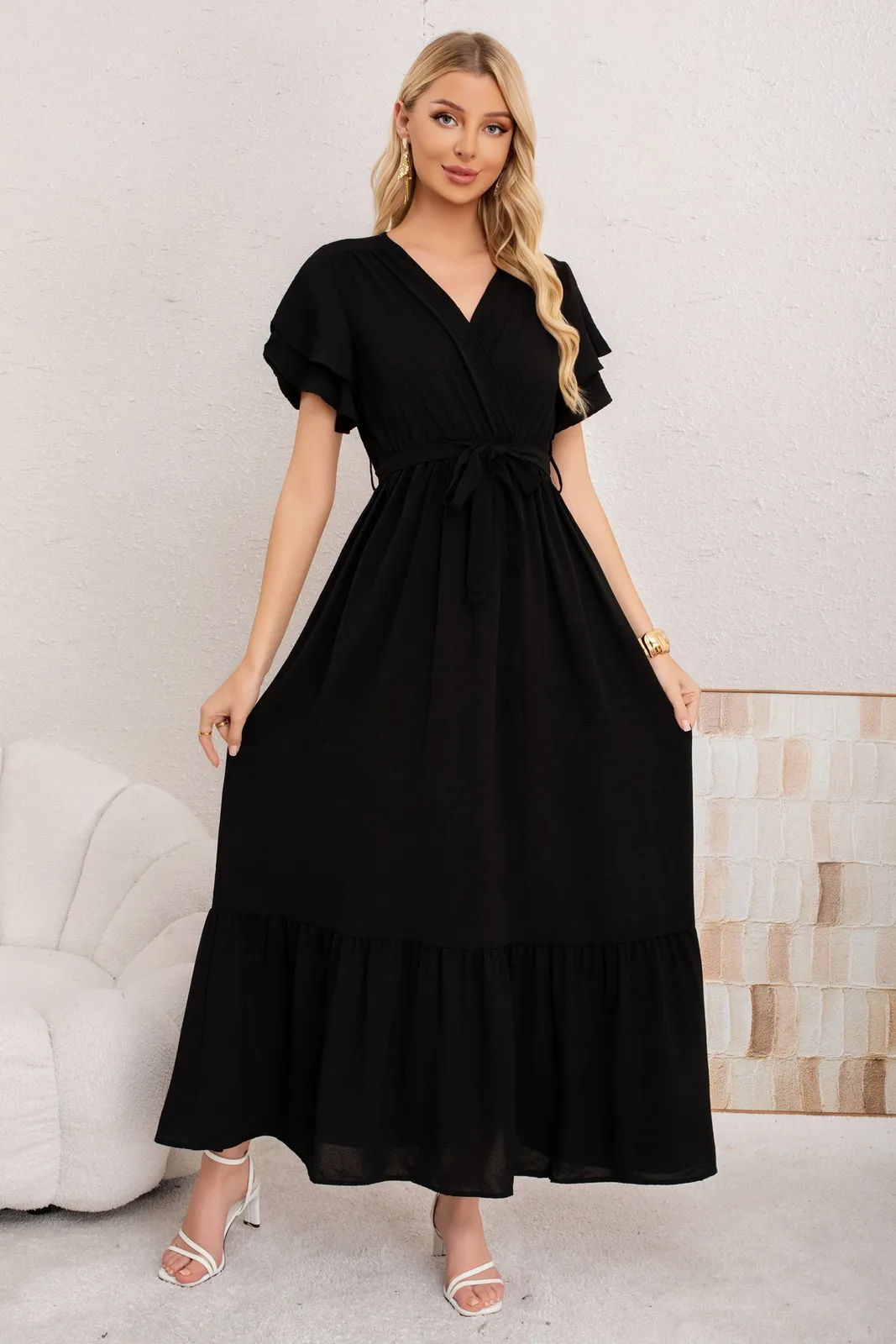 VESTIDO PREMIUM LARGO PRIMAVERA MUJER. CON MANGAS Y LAZO 3385 - 1