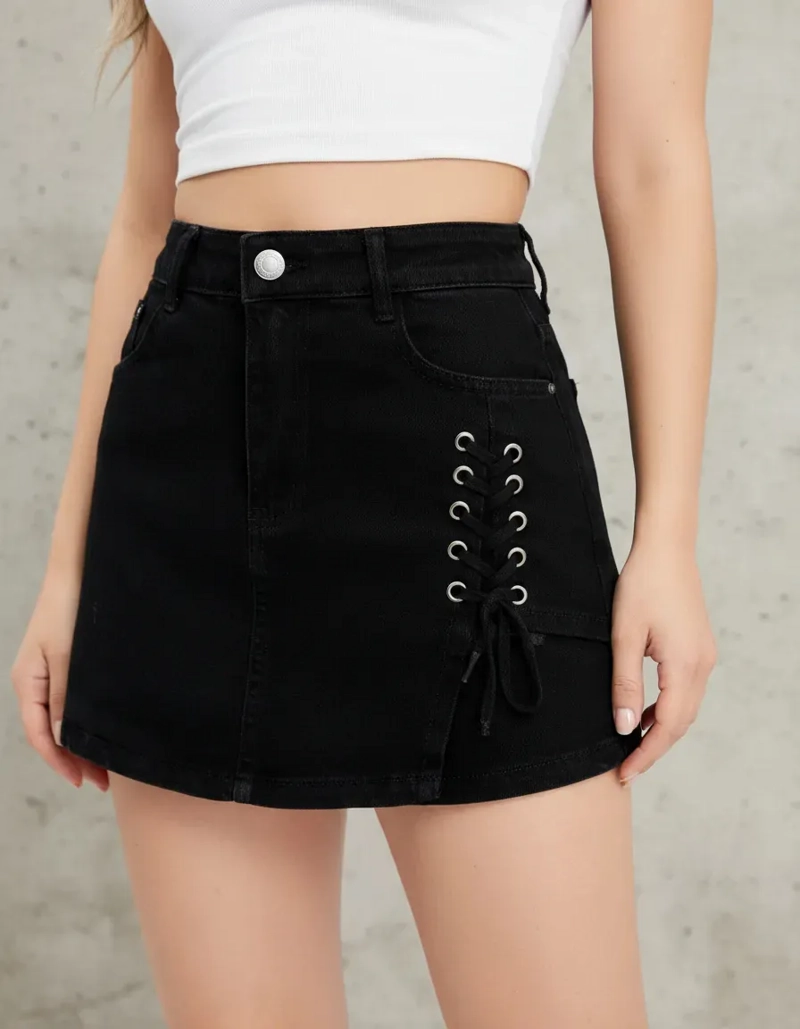 MINI FALDA SHORT JEANS. MUJER FULL ELASTICADA. BOTONES. 6016 - 9
