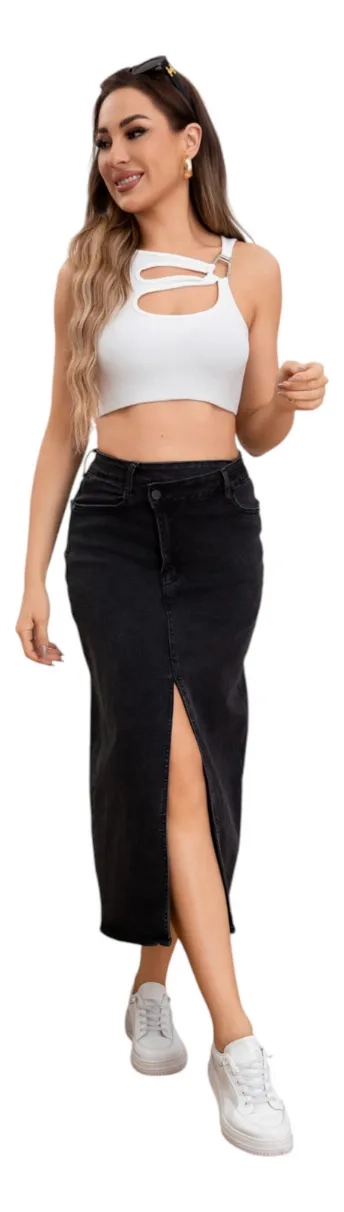 FALDA LARGA JEANS ELASTICADA. TIRO ALTO, ABERTURA AL CENTRO 6005 - 3