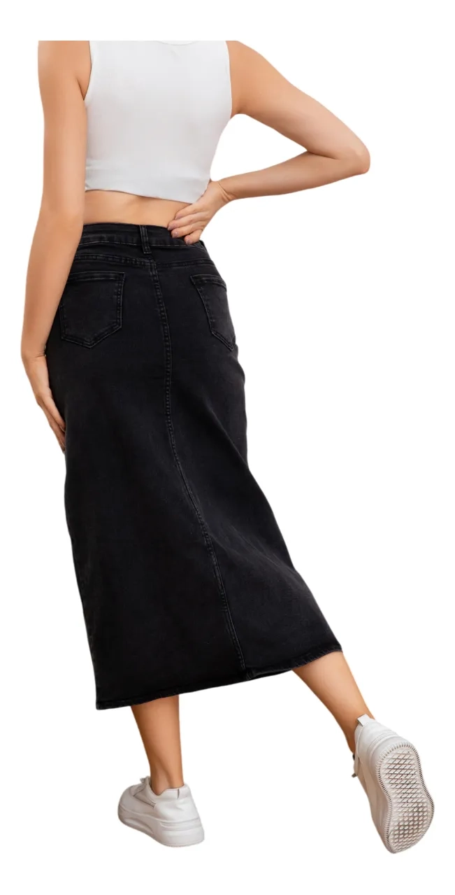 FALDA LARGA JEANS ELASTICADA. TIRO ALTO, ABERTURA AL CENTRO 6005 - 4