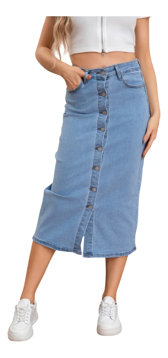 FALDA LARGA JEANS CON BOTONES- ELASTICA, TIRO ALTO. MODERNA 6008 - 1
