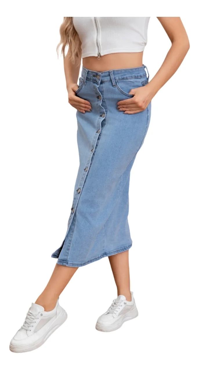 FALDA LARGA JEANS CON BOTONES- ELASTICA, TIRO ALTO. MODERNA 6008 - 2