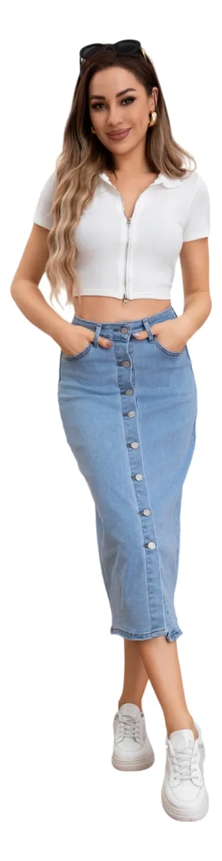 FALDA LARGA JEANS CON BOTONES- ELASTICA, TIRO ALTO. MODERNA 6008 - 3