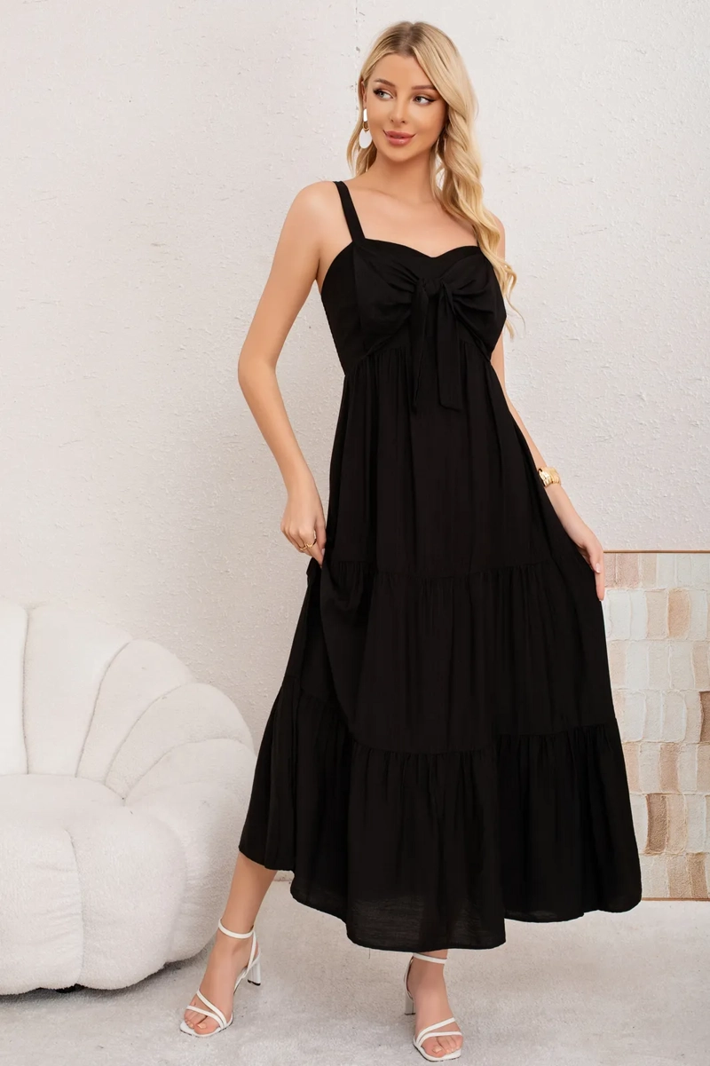 VESTIDO LARGO LISO CON TIRANTES AJUSTABLES Y DETALLE FRONTAL 3361 - 2