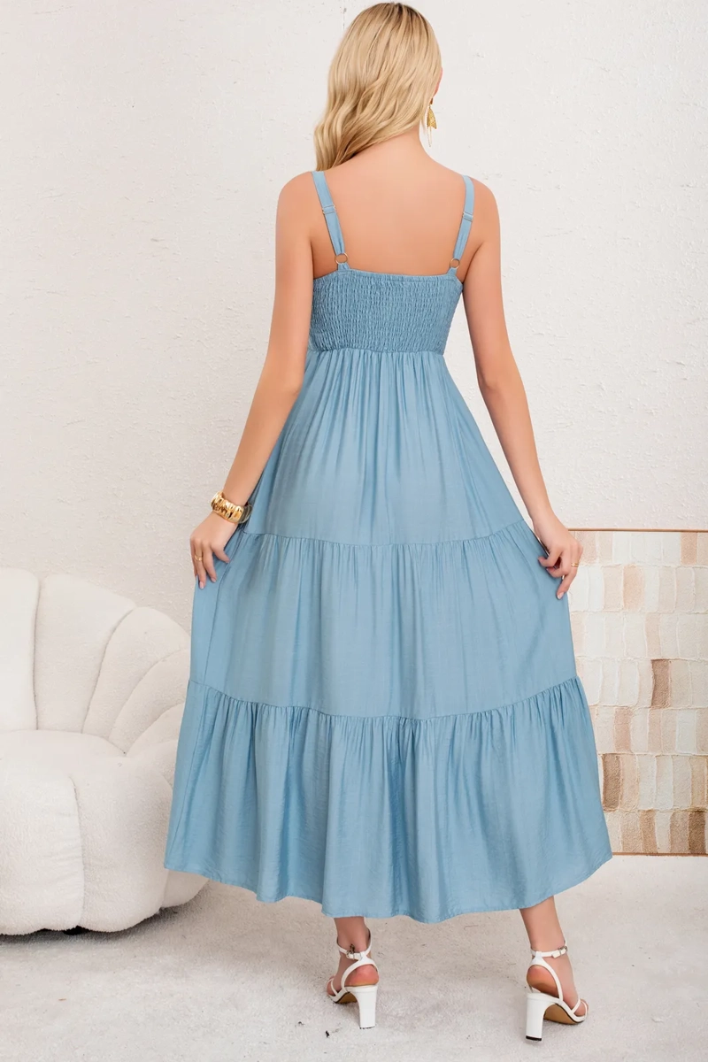 VESTIDO LARGO LISO CON TIRANTES AJUSTABLES Y DETALLE FRONTAL 3361 - 3