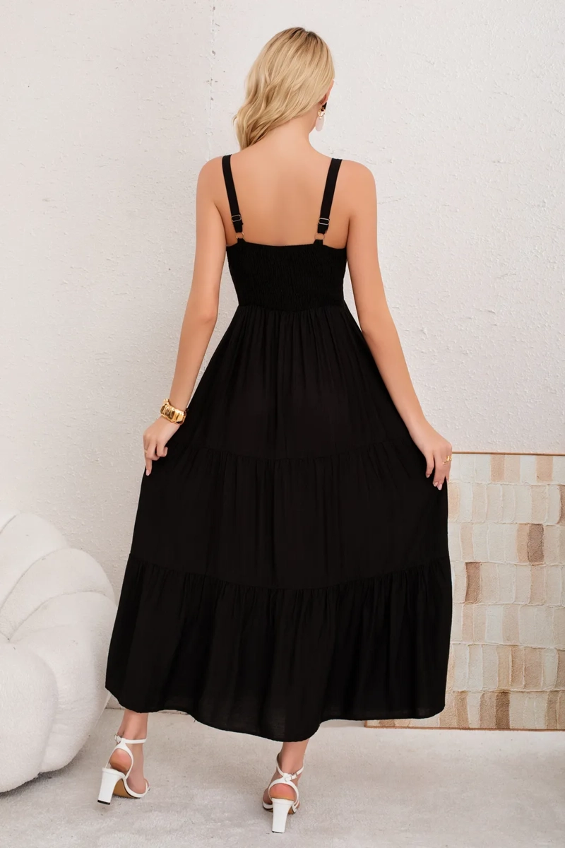 VESTIDO LARGO LISO CON TIRANTES AJUSTABLES Y DETALLE FRONTAL 3361 - 3