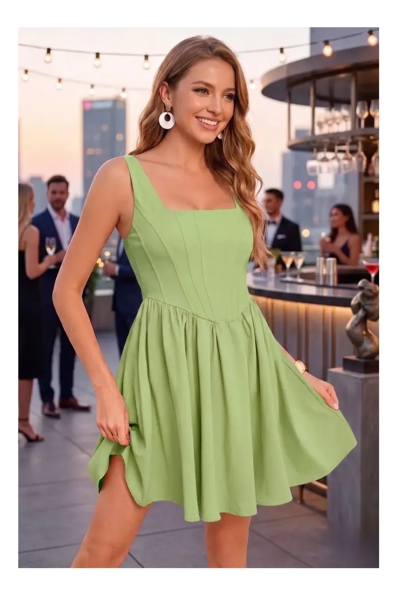 VESTIDO CORTO MUJER, ESCOTE CUADRADO Y BRETELES AJUSTABLES 3365 - 1