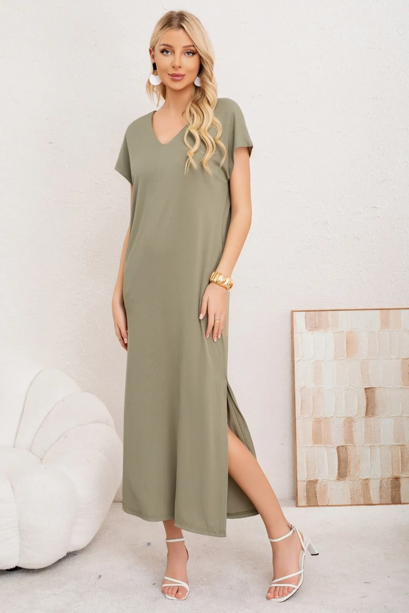VESTIDO LARGO MUJER, RECTO CON ESCOTE EN V Y BOLSILLOS 3378 - 1