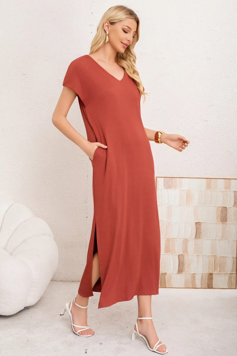 VESTIDO LARGO MUJER, RECTO CON ESCOTE EN V Y BOLSILLOS 3378 - 2