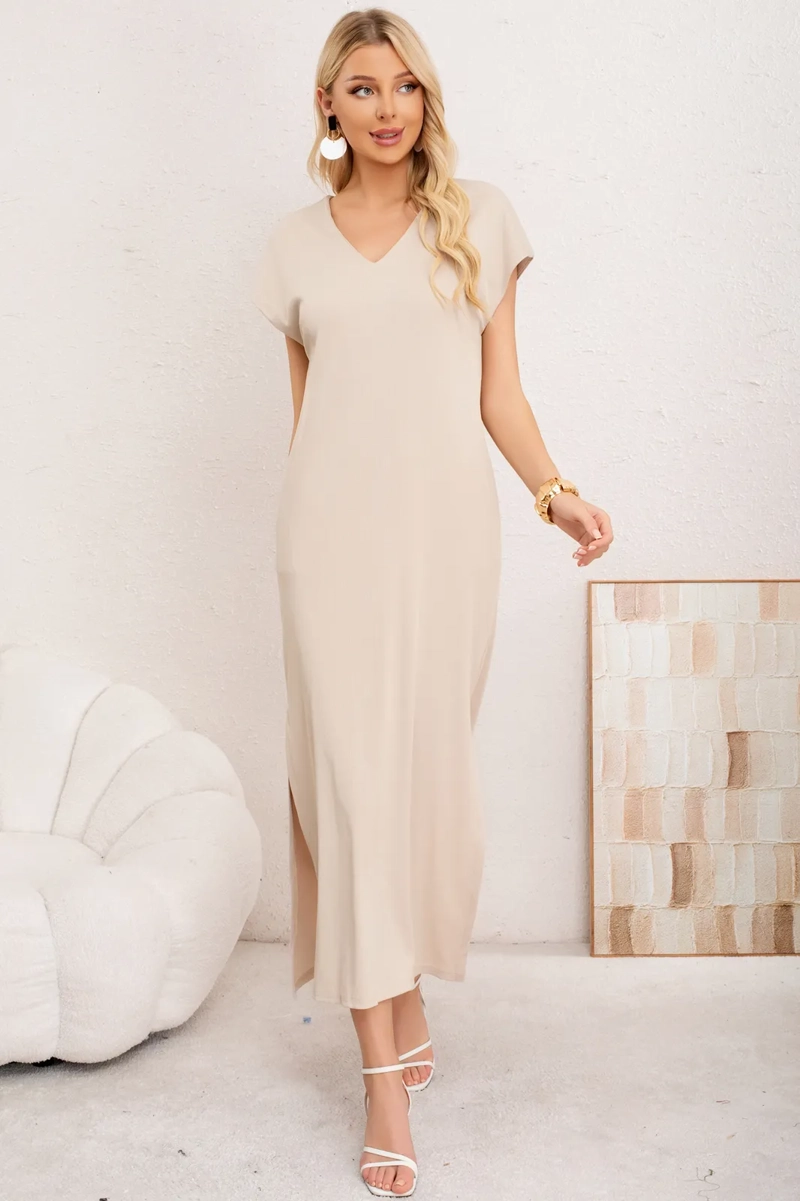 VESTIDO LARGO MUJER, RECTO CON ESCOTE EN V Y BOLSILLOS 3378 - 2