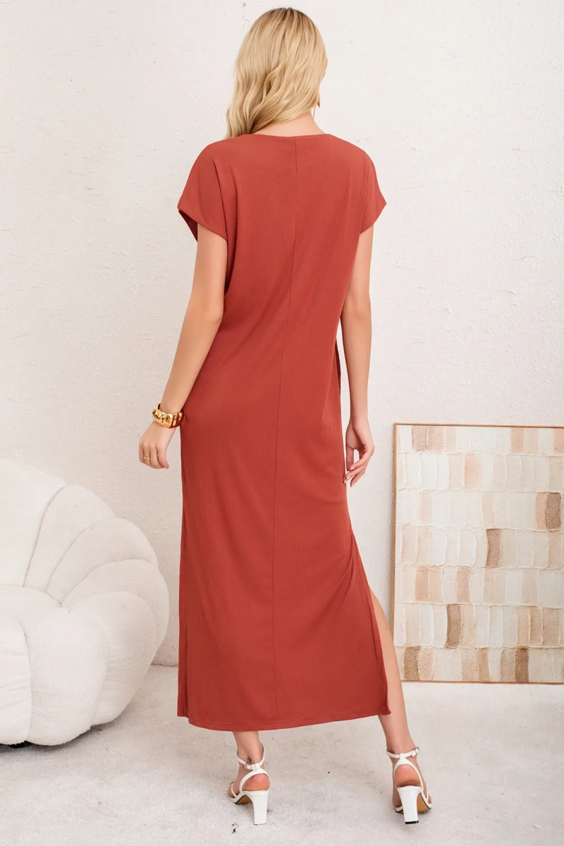 VESTIDO LARGO MUJER, RECTO CON ESCOTE EN V Y BOLSILLOS 3378 - 3