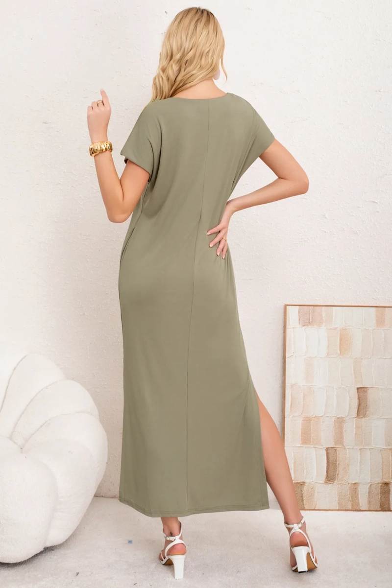 VESTIDO LARGO MUJER, RECTO CON ESCOTE EN V Y BOLSILLOS 3378 - 3