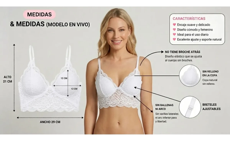 PACK 3 BRALETTE MUJER ENCAJE SOSTEN TOP AJUSTABLE SIN BROCHE 168 - 4