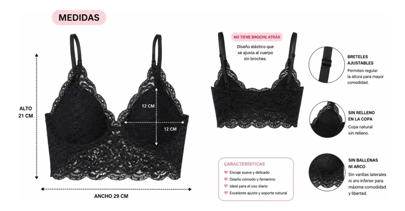 PACK 3 BRALETTE MUJER ENCAJE SOSTEN TOP AJUSTABLE SIN BROCHE 168 - 7