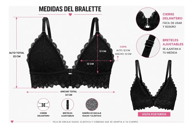 BRALETTE TOP ELASTICADO MUJER SOSTEN PETO SUJETADOR ENCAJE 606 - 8