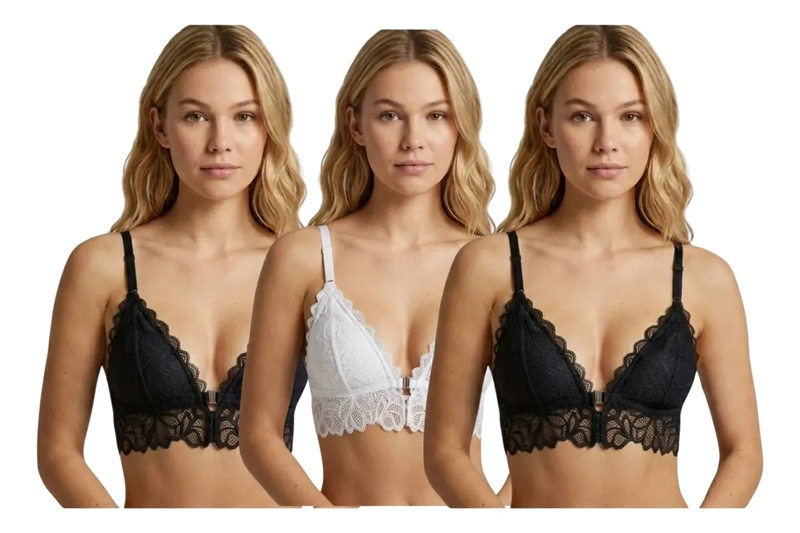 PACK 3 BRALETTE MUJER ENCAJE CIERRE FRONTAL BRETEL AJUSTABLE 606 - 1