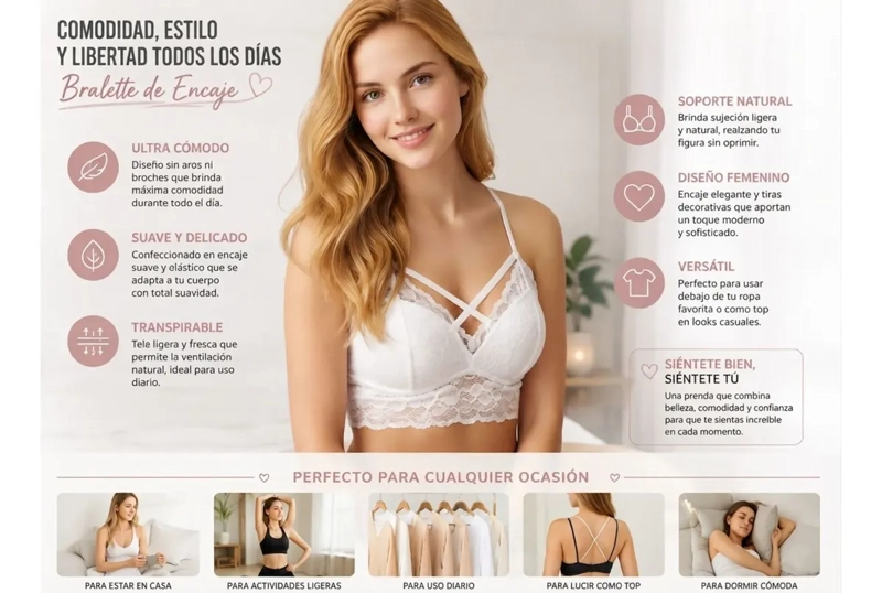 BRALETT TOP MUJER ENCAJE SOSTEN SIN BROCHE LENCERIA CONFORT 568B - 3