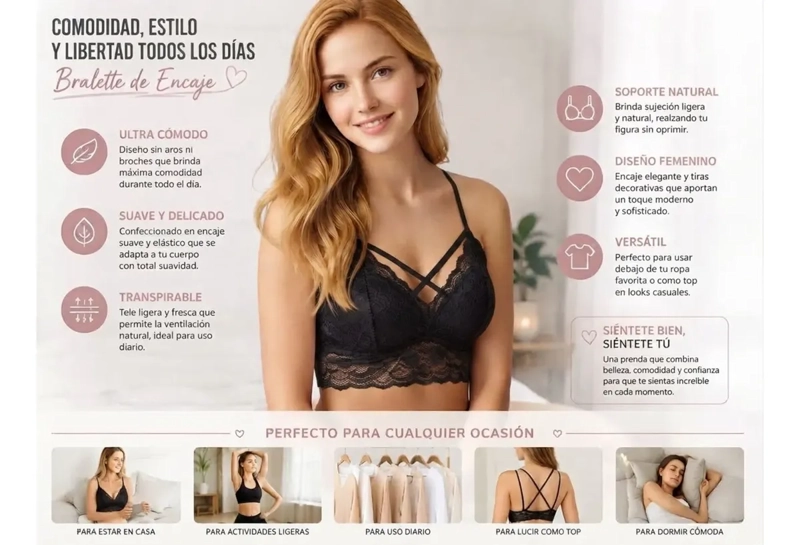 PACK 3 BRALETTE MUJER ENCAJE TOP SIN BROCHE LENCERIA CONFORT 568B - 4