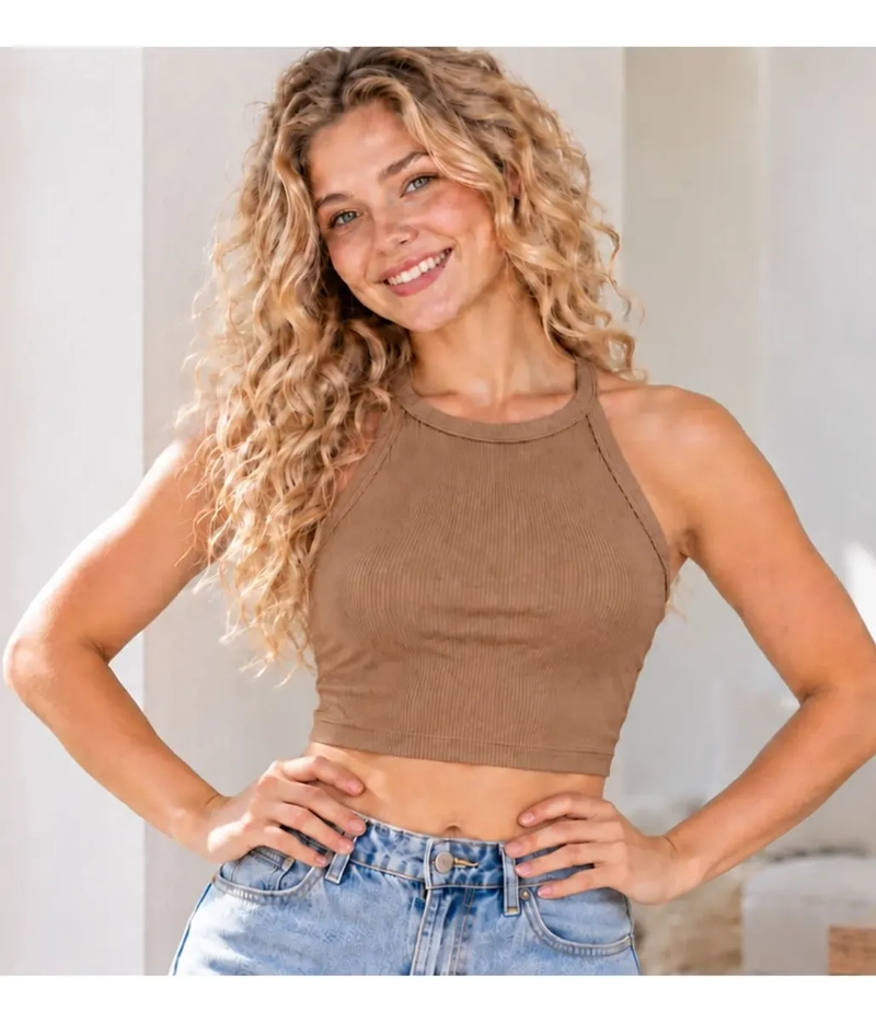 CROP TOP ACANALADO MUJER MUSCULOSA MODA HALTER JUVENIL 9012 - 1