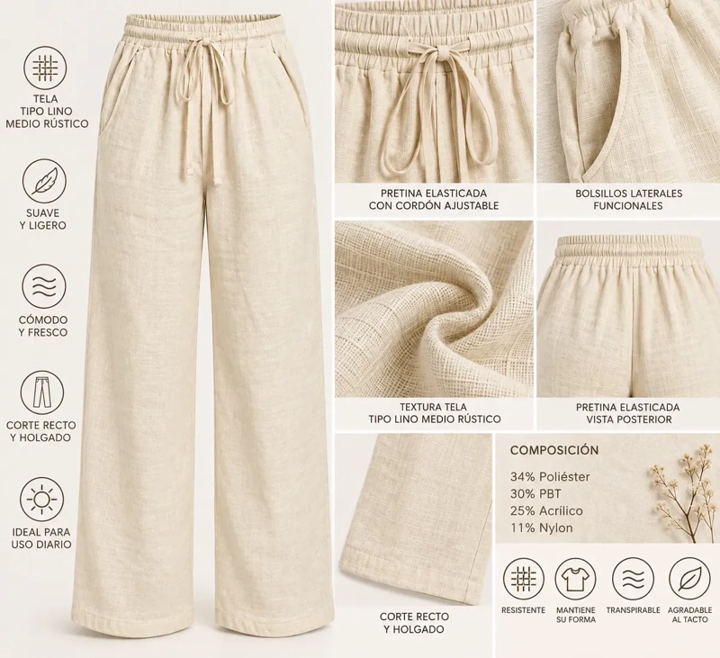 PANTALON MUJER LINO RECTO. AMPLIO CASUAL, CALIDAD PREMIUM 014P - 6